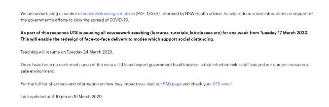 悉尼科技大学（UTS）宣布停课一周，至3月24日恢复教学