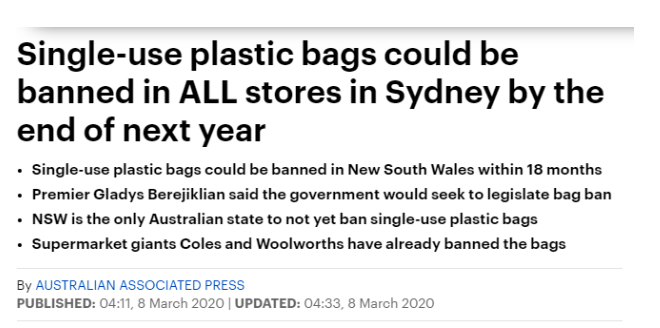全面禁塑要来了！悉尼有望明年底跟一次性塑料袋拜拜
