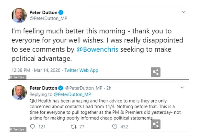 内政部长Peter Dutton确诊后发声：感觉好多了，谢谢大家祝福！