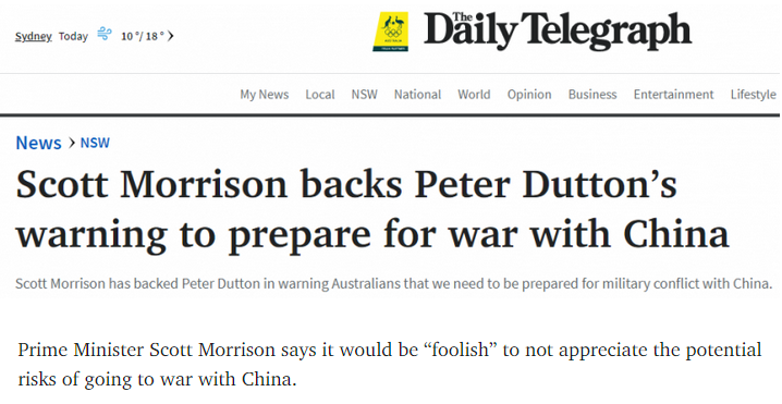 莫里森：澳中两国存交战风险，认识不到这点很“愚蠢”
