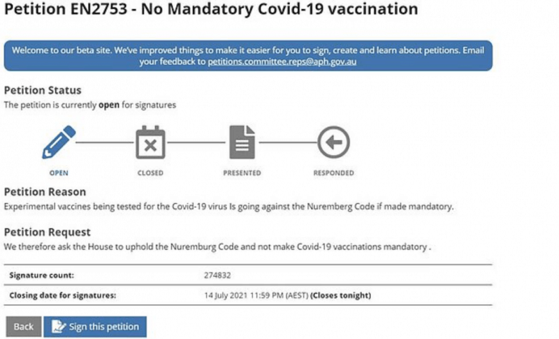 超27.5万澳人联名请愿，反对强制接种新冠疫苗