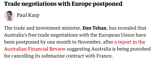 澳洲对欧盟的自贸谈判被推迟