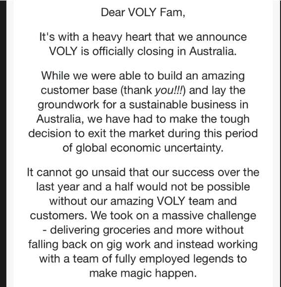 杂货配送公司Voly宣布关闭在澳业务 