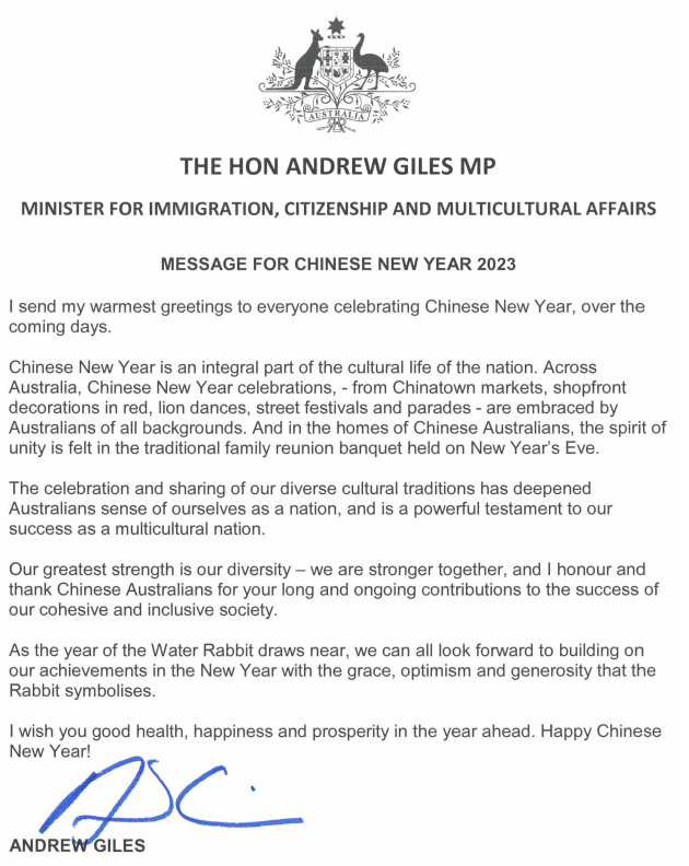 移民部长向在澳华人拜年！“幸福安康、万事如意”