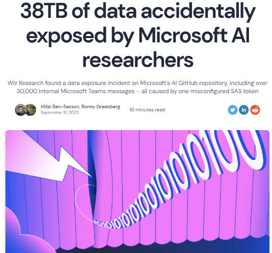 因错误配置 SAS令牌，微软 AI 团队泄漏 38TB GitHub 数据 