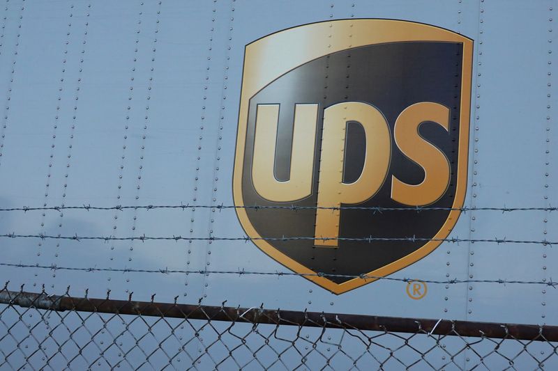 Signage is seen on a United Parcel Service (UPS) vehicle at a facility in Brooklyn, New York City